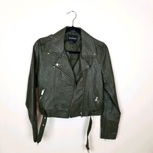 Bebe faux leather olive green crop moto jacket silver hardware goth edgy NWT S